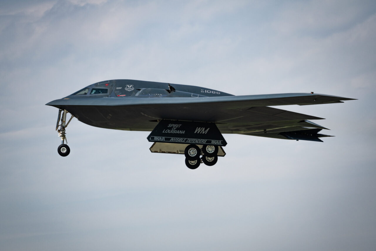 A B-2 Spirit stealth bomber departs from Whiteman Air Force Base, Missouri, April 16, 2025. The B-2 is capable of penetrating heavily defended air spaces and delivering conventional and nuclear munitions anywhere on the globe. (U.S. Air Force photo by Senior Airman Joshua Hastings)