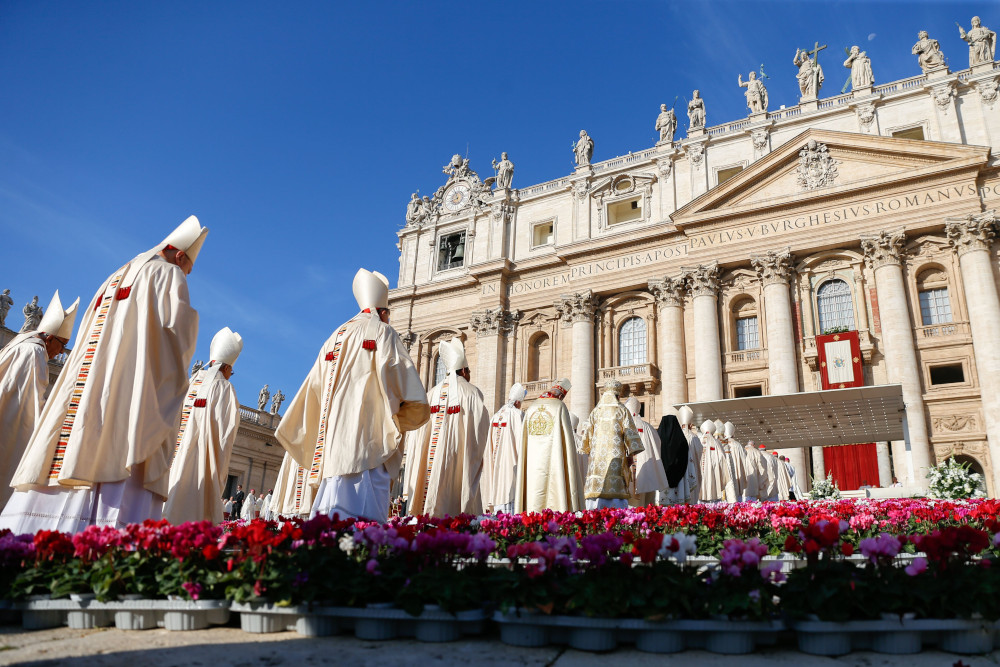 Cardinals arrive to celebrates Mass to open the assembly of the Synod of Bishops and cardinals tin St. Peter’s Square at the Vatican Oct. 4, 2023. (CNS photo/Lola Gomez)
